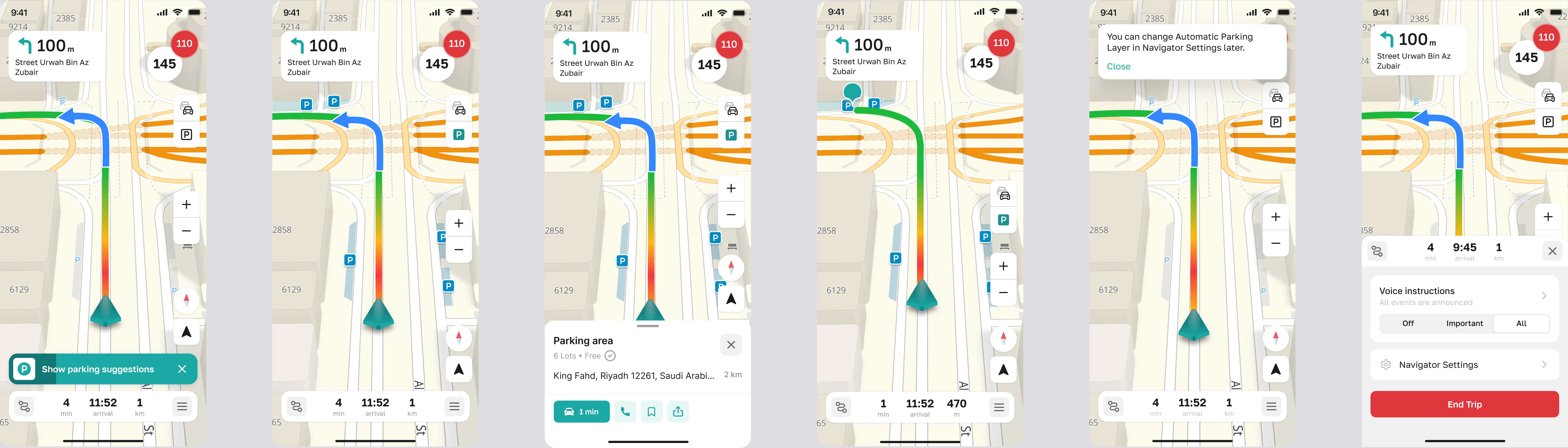 Parking flow, from on-route suggestion to selecting a lot and rerouting