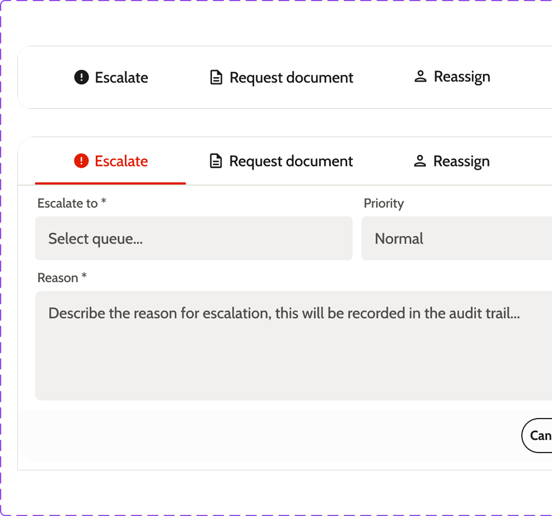 Case action menu: escalating, reassigning, or routing prompts a structured reason that becomes part of the record
