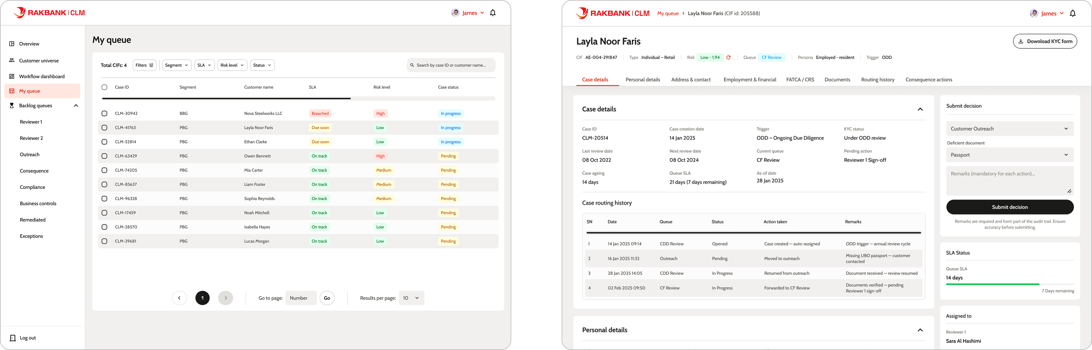 Opening a case from the queue: case details, routing history, and the decision panel where structured remarks are required before submitting