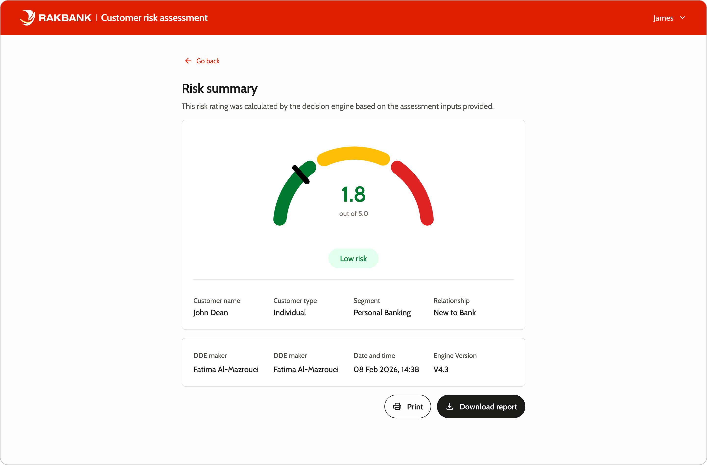 Risk summary, calculated rating with score band, customer context, maker/checker attribution, and timestamp