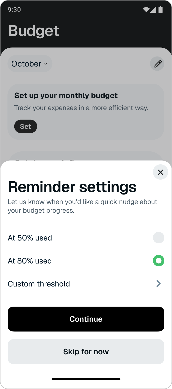 Budget flow, choose a reminder threshold